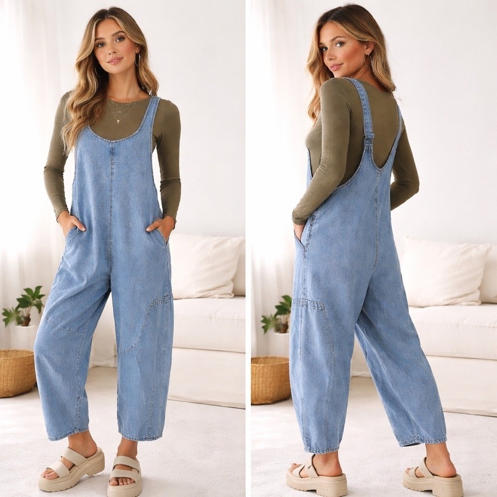 Easel Los Angeles Denim Jumpsuit SM Barrel Leg Oversized Wide Leg Pockets Boho